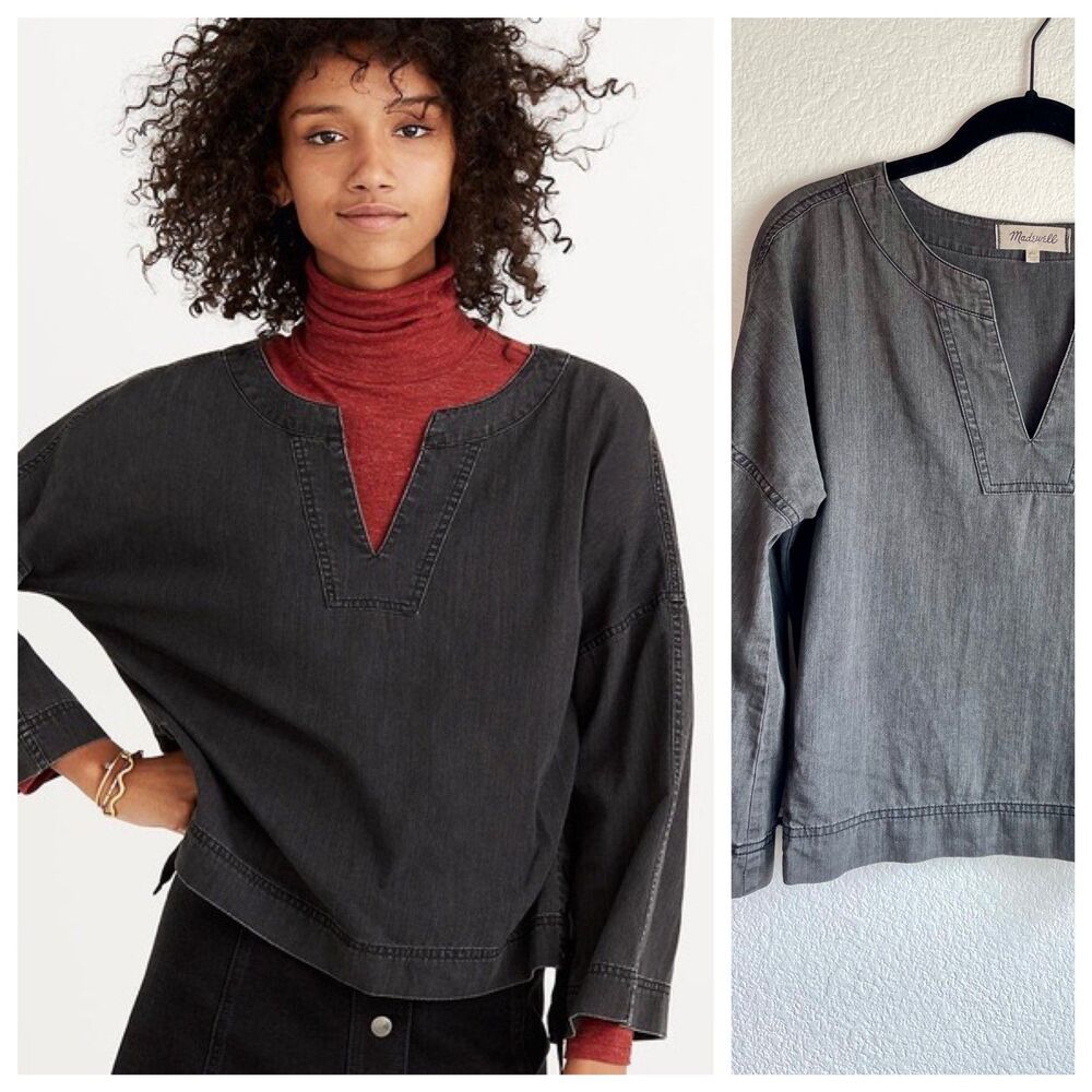 Madewell Women's Denim Side-Lace Top in Sloane Black Fadeout - Size XXS